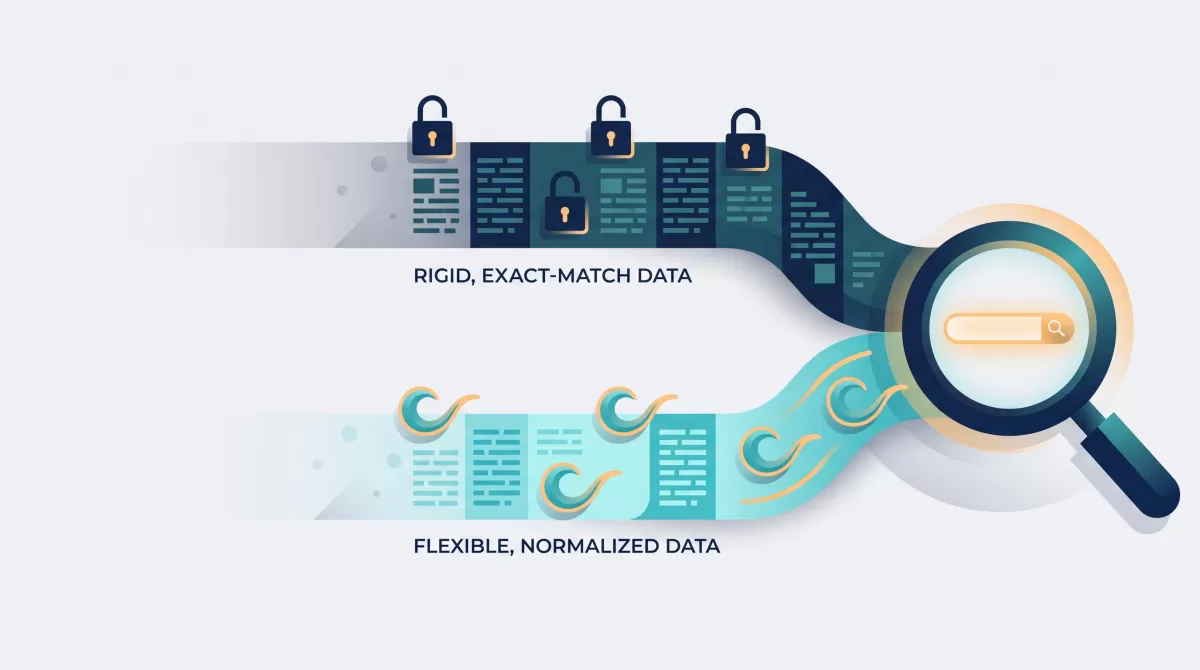 Illustration of two data streams, one representing exact-match string data and one representing flexible full-text data, converging into a search icon.