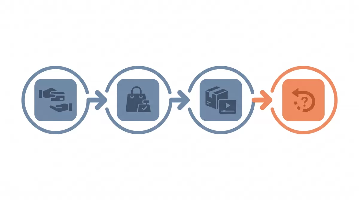 Four-step flowchart illustrating the friendly fraud cycle from shared card to disputed charge