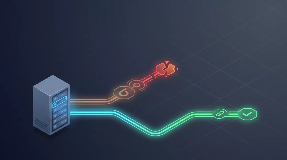 Diagram showing a server's network path splitting into a broken IPv6 route and a working IPv4 route to represent misconfigured IPv6 causing slow Google API calls