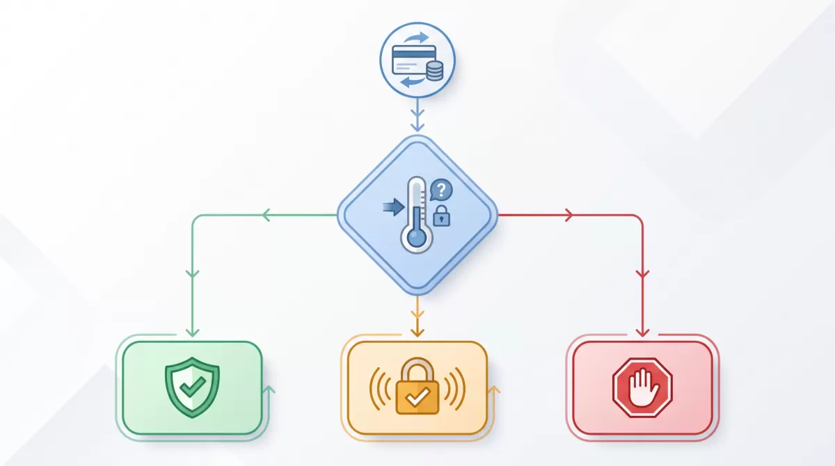 Decision tree diagram showing how Radar risk level routes a payment to allow, 3D Secure, or block