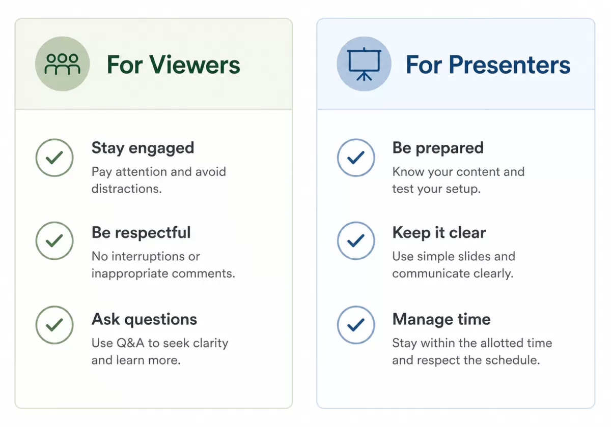 Checklist infographic listing screen-sharing etiquette tips separately for viewers and presenters