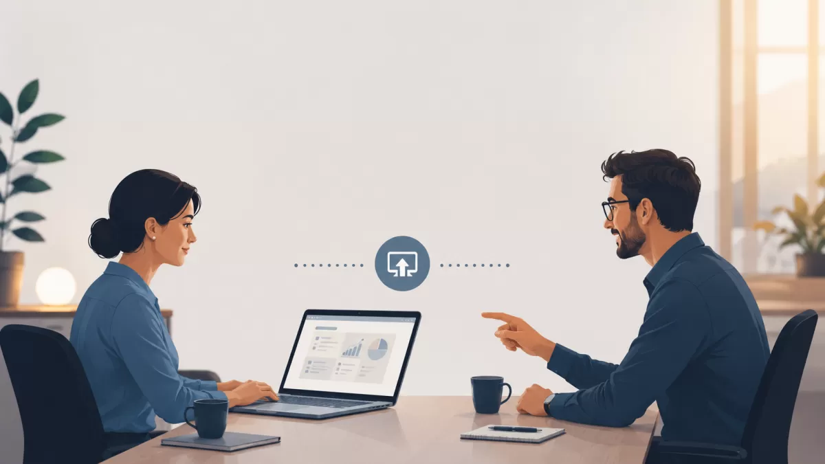 Illustration of two remote colleagues on a video call, one pointing at a shared screen while the other navigates it