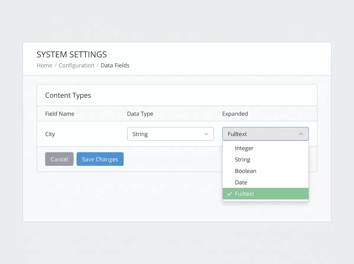 Mockup of an admin field configuration screen showing a field type dropdown being changed from String to Fulltext.