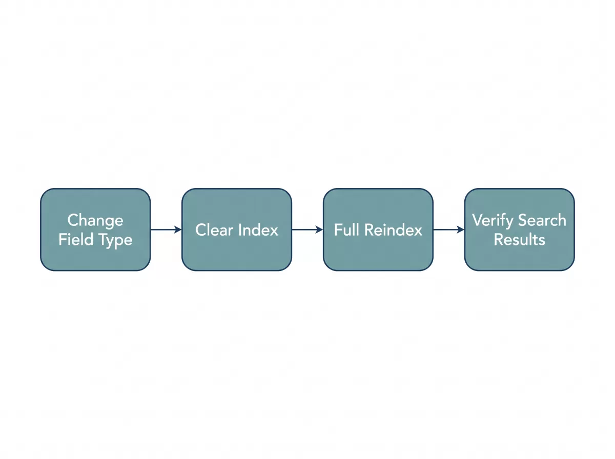 Flowchart showing the four-step reindexing workflow: change field type, clear index, run full reindex, verify search results.